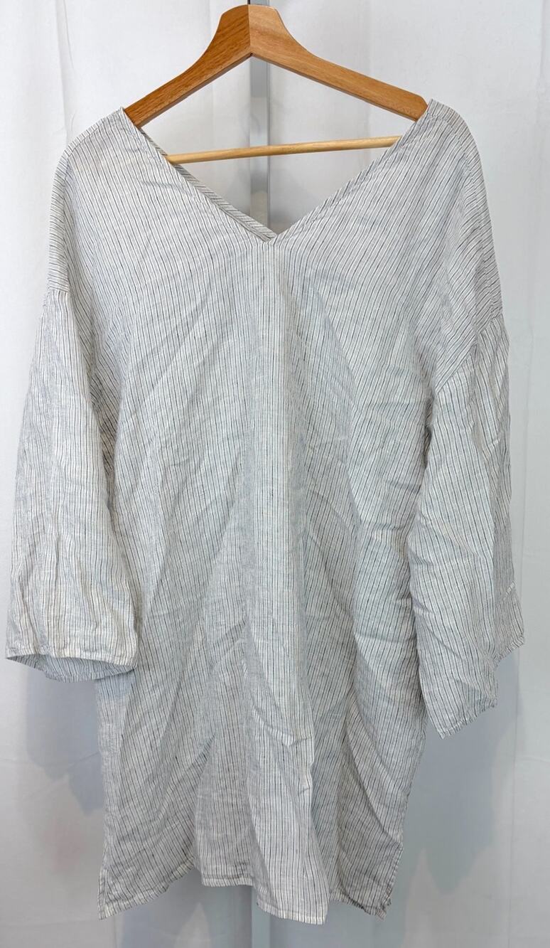 EILEEN FISHER Linen Striped V Neck Tunic Top 3/4 Sleeve Blue White ESTIM 1X XL